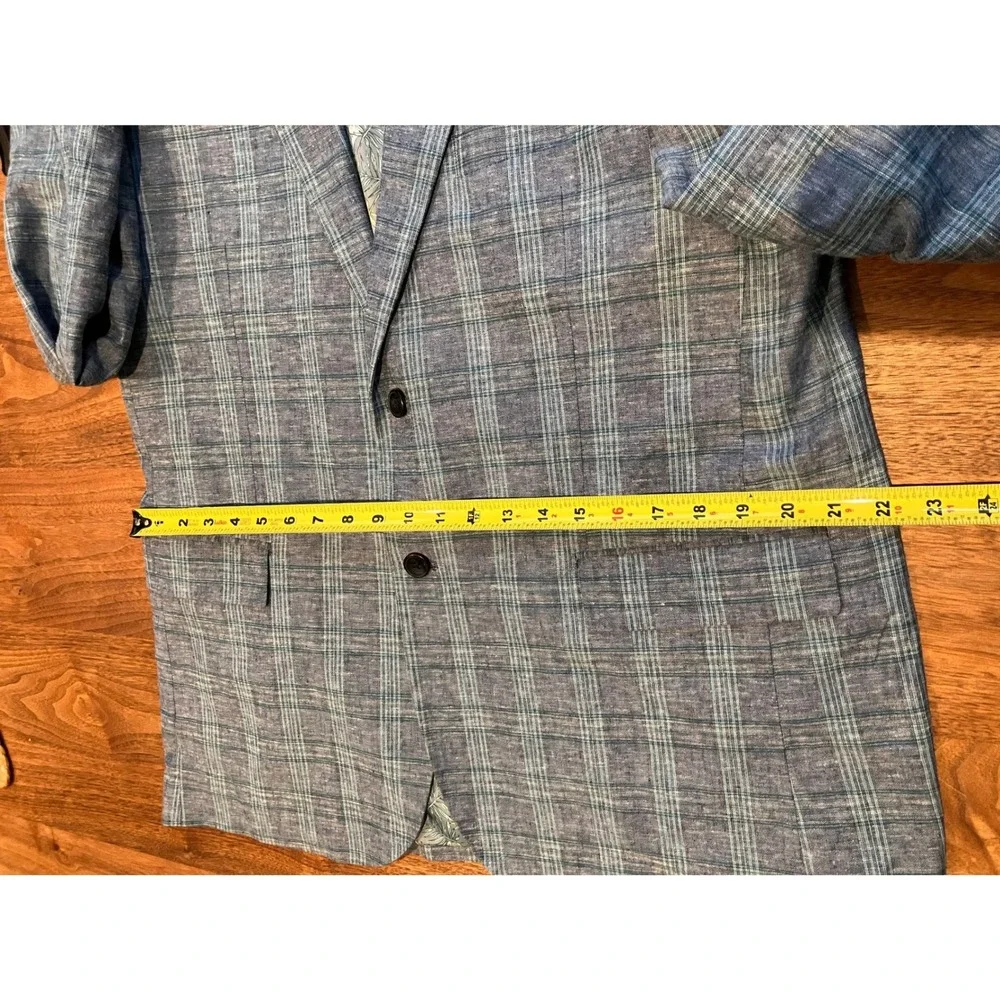 Alan Flusser Mens 44R Blue Plaid Linen Blend Sport Coat Blazer Tropical Preppy